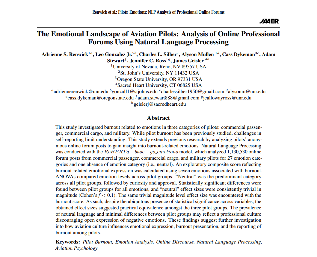 Screenshot of the publication 'The Emotional Landscape of Aviation Pilots: Scraper & Emotion Classification Pipeline'
